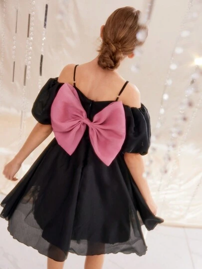 SHEIN 伴娘/情人节女孩泡泡袖细肩带大蝴蝶结 A 字短公主裙，适合婚礼、派对、生日庆祝