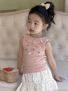 DAZY Young Girl Slogan Cartoon Print Ruffle Trim Round Neck Cute Tank Top,Girls Summer Outfits - Pink - View 8