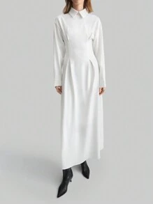 Ontre Women's White Cinched Waist Waist Elegant Commuter Wide Hem Drawstring New Year Spring Solid Color Stand Collar Long Sleeve Casual Dress - White - View 4
