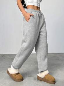 SHEIN EZwear Quần dài vải nỉ ấm áp đi chơi thường ngày cho nữ - Xám - Xem 6