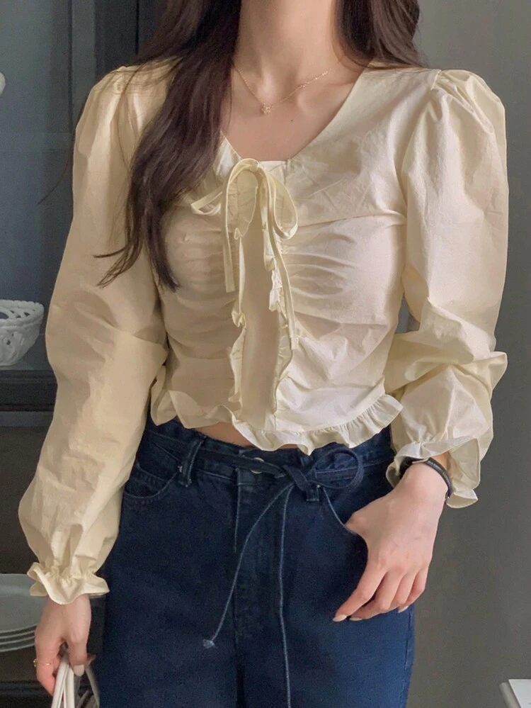 Women's Solid Color Lantern Sleeve Tie-Up Cropped White Long Sleeve Shirt, Apricot, Spring/Summer