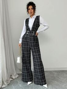 Elenzga Mono de pierna ancha para mujer con decoración de botones de perla y bolsillos