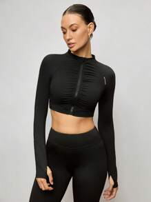 Activina Women Letter Print Ruffle Long Sleeve Cropped Zipper Front Sports Jacket - Black - View 7