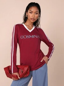 COSMINA Damen Herbst Buchstaben gestreiftes V-Ausschnitt Langarm Lässig T-Shirt