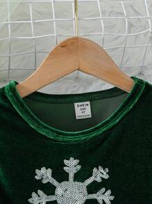 SHEIN Đầm lưới xếp ly thêu kim sa hình bông tuyết bằng vải nhung xanh thanh lịch cho bé gái, trang phục dự tiệc và sự kiện - Màu xanh lá cây đậm - Xem 7