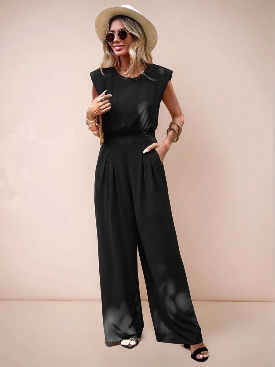 SHEIN LUNE 素色斜口袋闊腿連體褲 - 黑色 - 查看 1