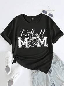 女士休闲趣味足球及口号图案印花落肩短袖 T 恤 - 黑色 - 查看 2