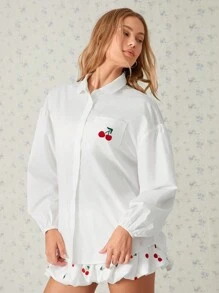 Easelle 女式宽松灯笼袖后背交叉开衩白色衬衫，秋冬款 - 白色 - 查看 4