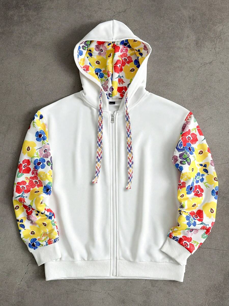 Manfinity Hypemode 男式纯色拼布前拉链休闲连帽运动衫 - 米色 - 查看 1