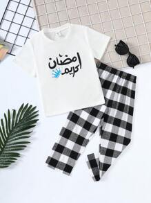 SHEIN Leap Crew 2pcs Young Boys Minimalist Crown Print Round Neck Short Sleeve T-Shirt And Plaid Pattern Pants Casual Comfortable Pajama Set, Suitable For Ramadan Holiday, Events, Family Gathering - Black and White - View 3