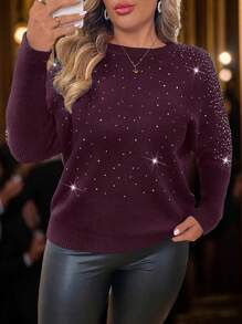 SHEIN Clasi Suéter con cuello redondo, manga larga y adornos de strass, talla grande
