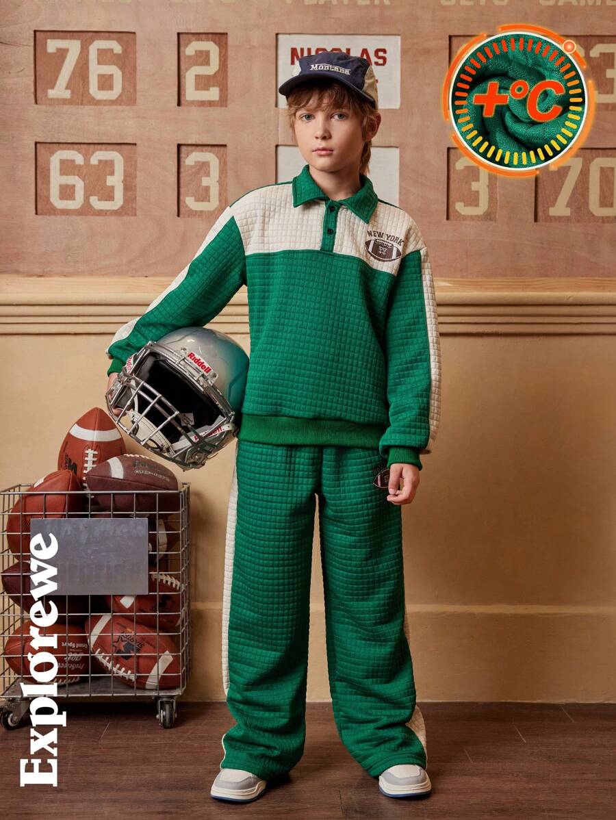 SHEIN 2pcs/Set Boys Colorblock City Design Long Sleeve Polo Sweatshirt & Matching Pants, Casual Sports Outfit, Suitable For Outdoor, School And Daily Occasions