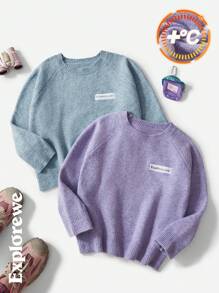 SHEIN 2 Pieces Tween Girls Embroidered Crew Neck Long Sleeve Sweater, Fleece Pullover For Autumn/Winter, Buy 1 Get 1 Free, Suitable For Outdoor, City Trips, Daily Wear, School, Parties & Other Occasions