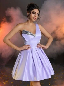 SHEIN Belle Elegant Romantic Purple Satin Sequins One Shoulder Princess Dress Adjustable Back Strap Date Birthday Party Wedding Event Bachelor Party Prom Dress, Wedding Guest Dress - Pink - View 4