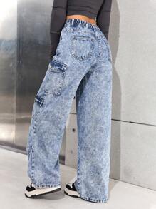 SHEIN Calça Denim Cargo Larga e Folgada com Bolsos Múltiplos, Desgastada e Plissada, Estilo Y2K para Adolescentes Meninas, Streetwear de Volta às Aulas no Outono e Inverno - Lavagem Média - Visão 2