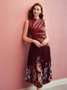 MOTF PREMIUM CONTRAST FLORAL PRINT PLEATED DRESS - Burgundy - View 7