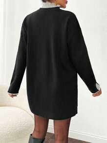 SHEIN Cottnline Plain Ruffled Hem Knit Pullover Sweater, Casual & Fashionable Everyday Wear - Black - View 2