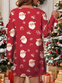 SHEIN LUNE Plus Size Women Christmas Santa Claus Silhouette Print A-Line Long Sleeve Dress - Multicolor - View 2