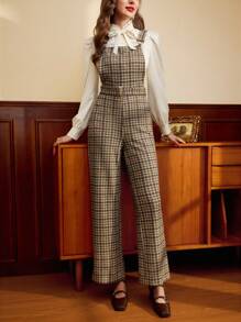 Vintamour 复古格纹印花背带裤，秋冬新年休闲女装 - 咖啡棕 - 查看 4