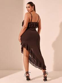 SHEIN BAE 大码女式浪漫优雅V领镂空荷叶边吊带背心连衣裙，巧克力色，适合情人节和夏季 - 棕色 - 查看 6