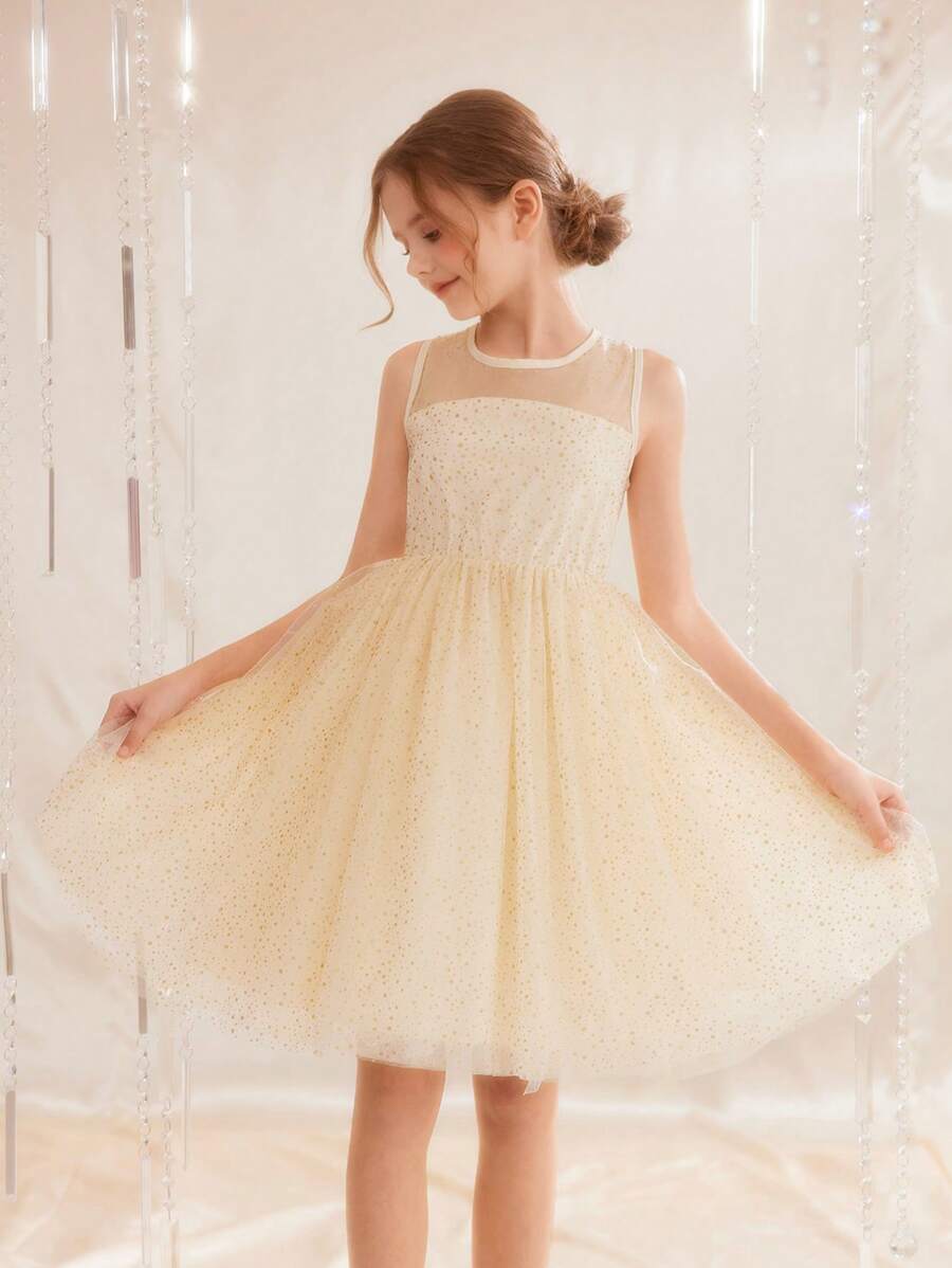SHEIN Girls' Round Neck Sleeveless Mesh Splice A-Line Dress, Multi-Layers Ruffle Waisted, Suitable For Valentine's Day, Wedding, Birthday Party, Prom, Graduation - Champagne - View 1