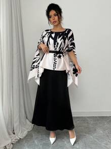 Elenzga Positioning Print Batwing Sleeve Shirt Mermaid Dress Elegant Women 2Pcs Set - Multicolor - View 6