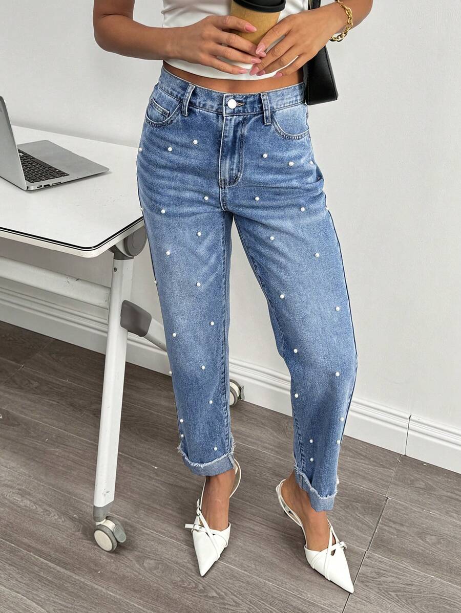 SHEIN Essnce 女式口袋仿珍珠装饰直筒宽松休闲百搭牛仔裤 - 藍色 - 查看 1