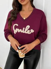 SHEIN Frenchy Plus Size Casual College V-Neck Letter Embroidered Pullover Sweatshirt Graduation,Back To School Outfits,Graduation,Teacher Outfits For Women,Back To School