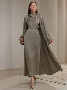 Veilorie 女式秋季纯色落肩长袖超长开衫和高领长裙优雅 2 件套 2 件套 朴素