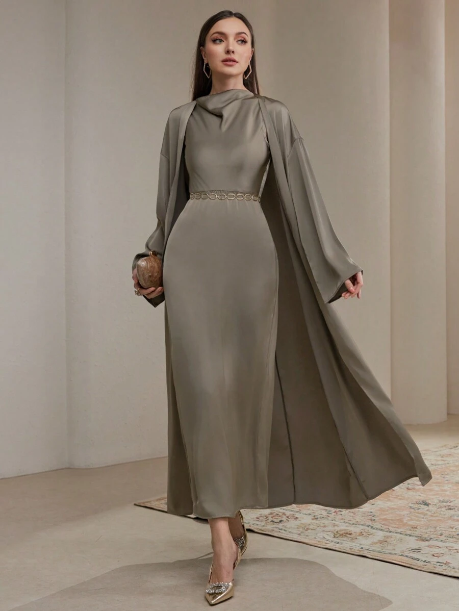 Veilorie 女式秋季纯色落肩长袖超长开衫和高领长裙优雅 2 件套 2 件套 朴素