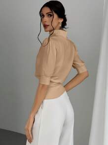 Firerie Women's Solid Color Stand Collar Waist Cinched Bubble Sleeve T-Shirt, Elegant And Suitable For Going Out In Spring And Summer