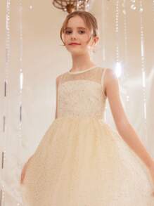 SHEIN Girls' Round Neck Sleeveless Mesh Splice A-Line Dress, Multi-Layers Ruffle Waisted, Suitable For Valentine's Day, Wedding, Birthday Party, Prom, Graduation - Champagne - View 3