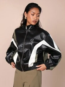 COSMINA Women's Solid Color Patchwork Front Zipper Long Sleeve Pocket Simple Casual Jacket