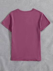 INAWLY 女式树叶印花图案圆领短袖休闲 T 恤 - 中紫紅色 - 查看 2