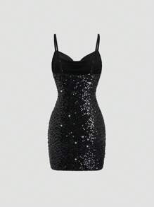 SHEIN Unity Women's Solid Color Sequin Plunging Neckline Fancy Cami Mini Dress