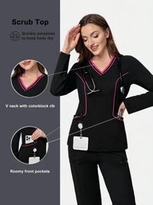 Scrubzie Top de uniforme de enfermera / mujer con bloques de color de manga larga y efecto humectante en rosa rojo y negro
