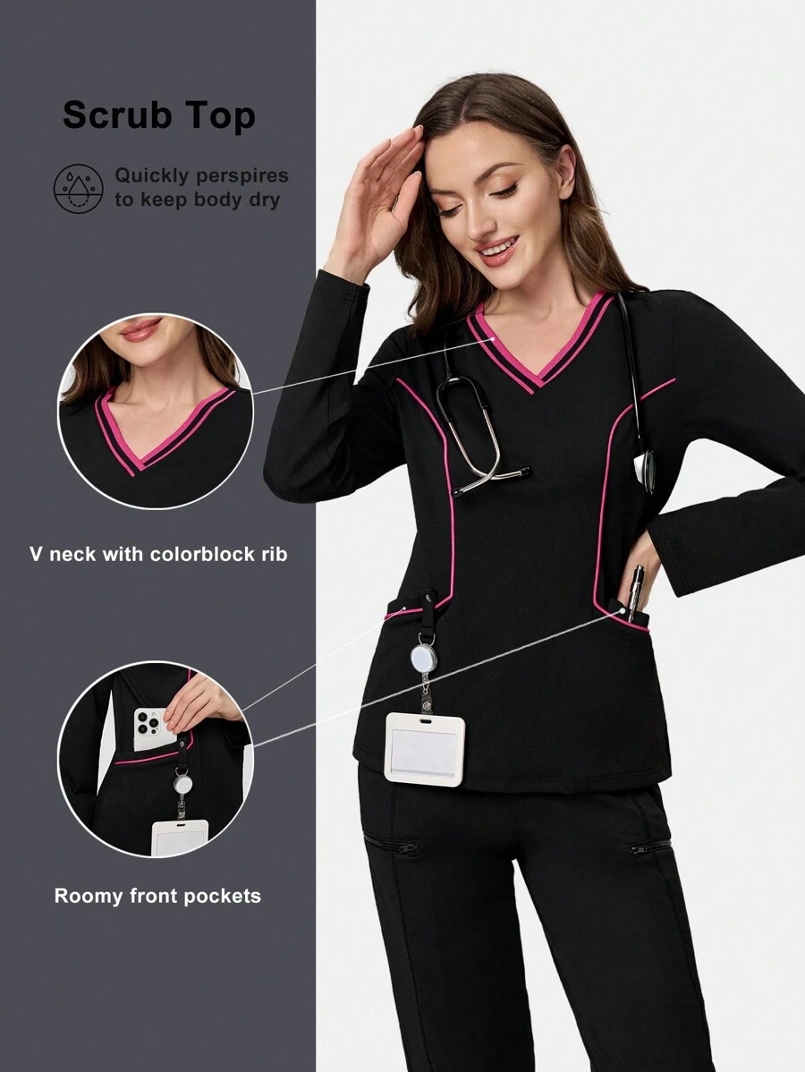 Scrubzie Top de uniforme de enfermera / mujer con bloques de color de manga larga y efecto humectante en rosa rojo y negro