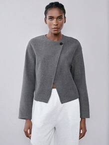 Chiquease 1pc Women's Gray Single-Breasted Coat With Scarf, Casual Loose Fit Knitted Jacket For Autumn/Winter Outerwear - Grey - View 4