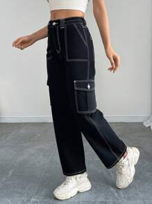 SHEIN PETITE Women's Front Button Pocket Simple Design Casual Denim Jeans, Everyday Wear - Black - View 3