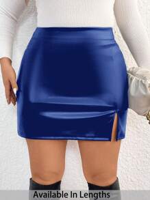 SHEIN Tall CURVE Plus Size Fashion Solid Color Split Hem Slim Pencil Skirt - Royal Blue - View 1