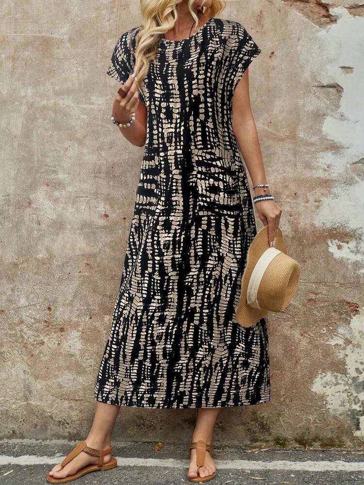 レディース カジュアル デイリー 半袖 ラウンドネック ロングドレス シンプルでスタイリッシュ