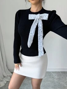 Selianne 女士亮片蝴蝶结设计修身优雅毛衣，独特显瘦的秋冬新款针织套头衫 - 彩色 - 查看 4