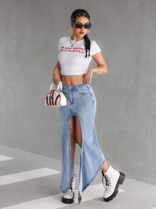 SHEIN EZwear 女式休闲前扣口袋开衩牛仔 A 字裙，简约设计 - 藍色 - 查看 7