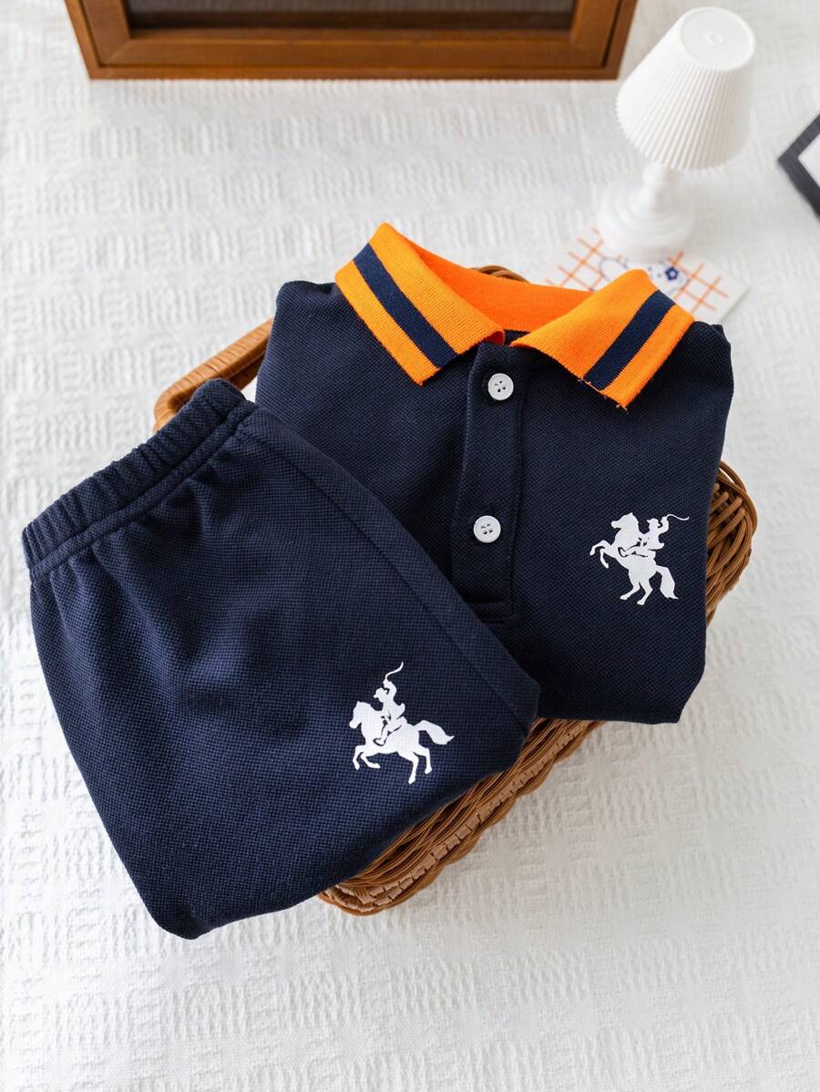 SHEIN Set di polo a contrasto navy e pantaloni con vita elastica per neonati/neonati, outfit estivo - Multicolore - Visualizzare 1