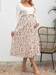 SHEIN Maternity Casual Contrast Floral Print Dress, For Autumn