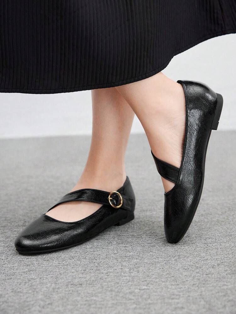 CUCCOO BIZCHIC Women's Round Toe Flat Black PU Material Casual & Formal Slip-On Shoes
