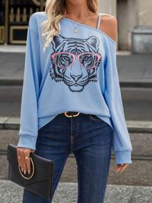 SHEIN LUNE Women's Blue Tiger Print Open Shoulder Sweatshirt, Autumn/Winter