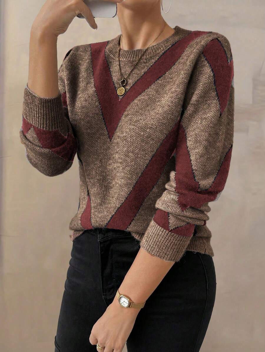 SHEIN LUNE 24 New Arrival Autumn/Winter Geometric Striped Pullover Sweater Knit Pullover Fall Sweater - Multicolor - View 1