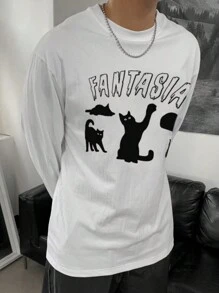 DAZY Men's Cartoon Cat & Letter Print Casual T-Shirt,Fall Clothes - White - View 6