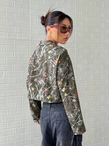 StreetHx Women's Autumn Streetwear Short Vintage Tree Leaf Print Long Sleeve Shirt - Coffee Brown - View 2